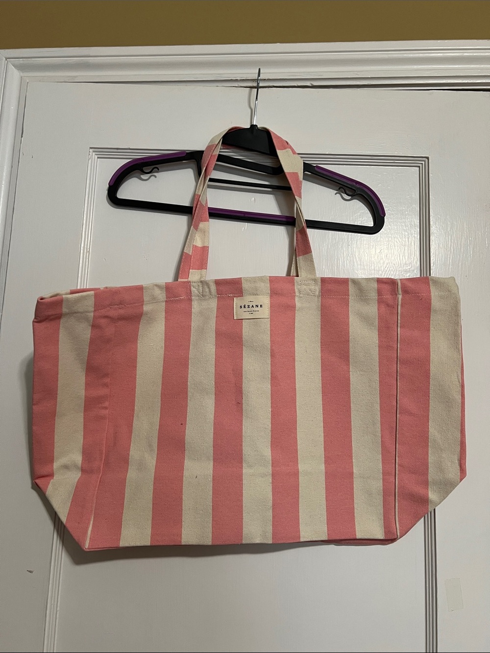 Sezane Striped Pink White Canvas Tote Bag